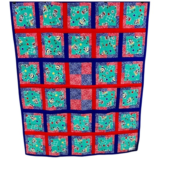 Handmade Sports Soccer Dog Patchwork Quilt Red Blue Teal 50x42  Puppy Blanket